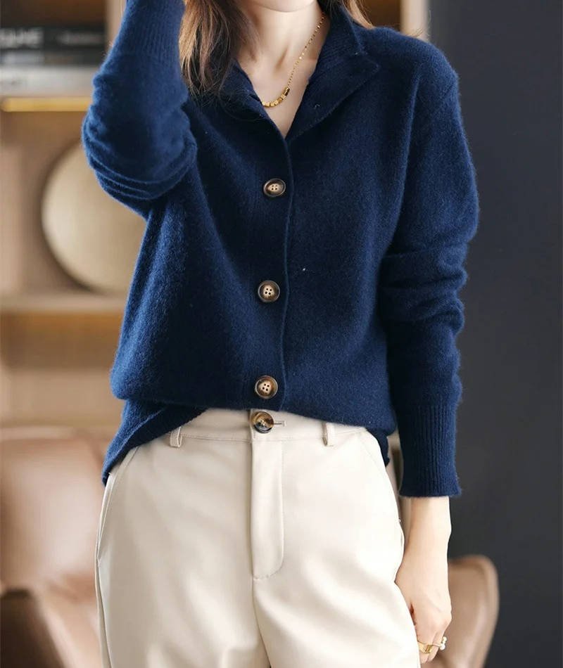 Women's Stand Collar Cardigan Sweater | Button-Front Knit Side