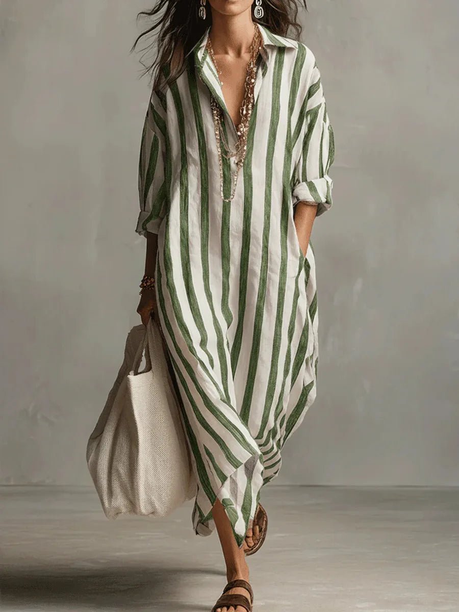 Women's Striped Linen Long Shirt Dress | Loose Fit Back