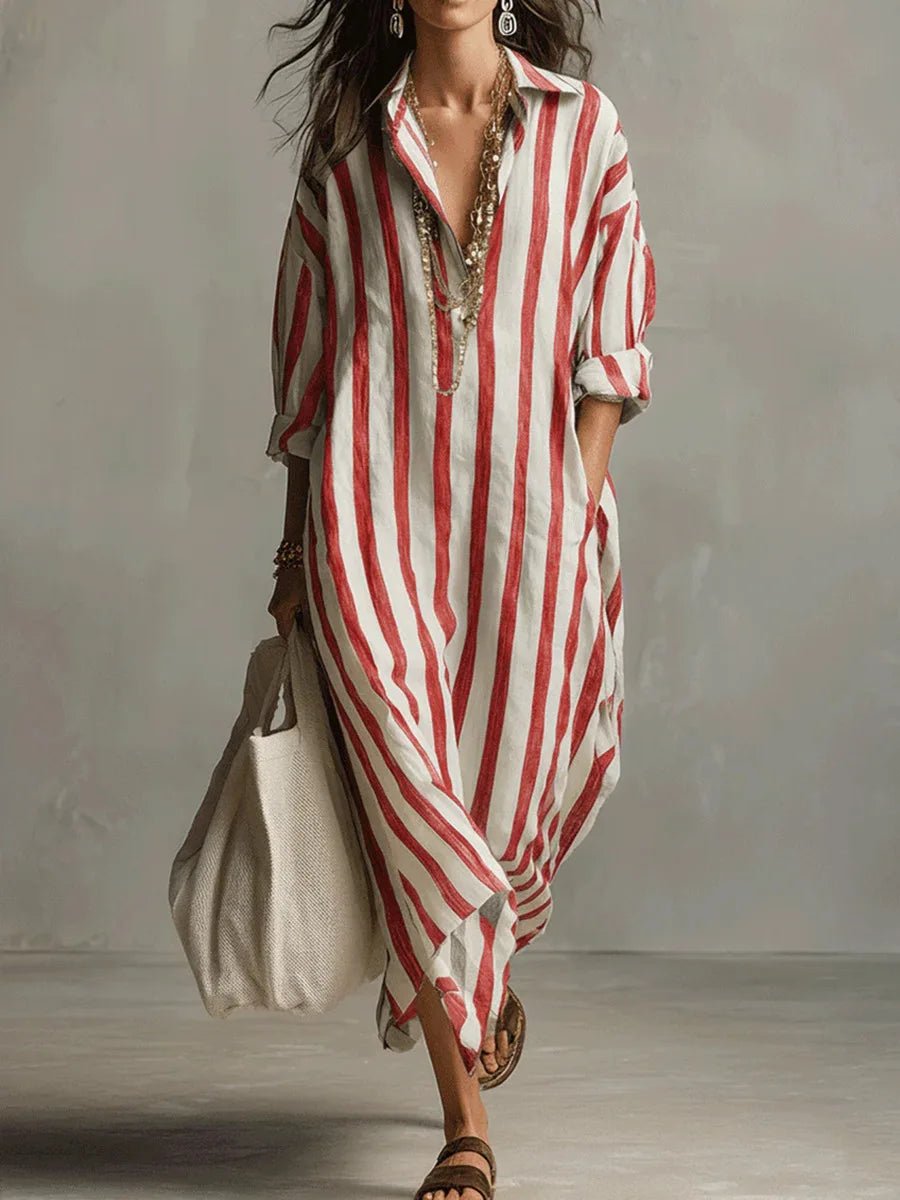 Women's Striped Linen Long Shirt Dress | Loose Fit Close Up