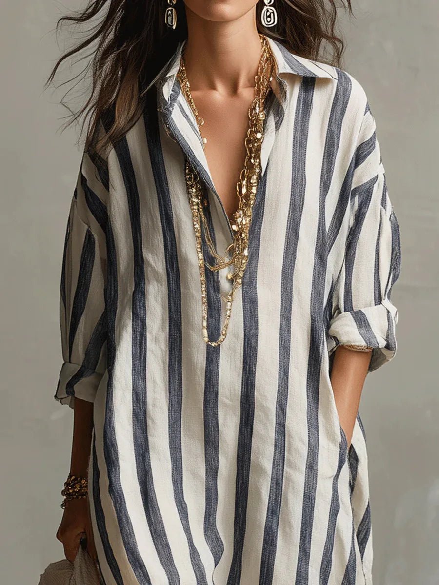 Women's Striped Linen Long Shirt Dress | Loose Fit Detail