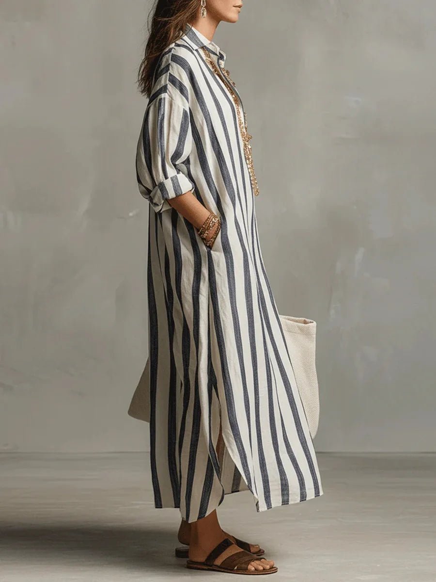 Women's Striped Linen Long Shirt Dress | Loose Fit Front