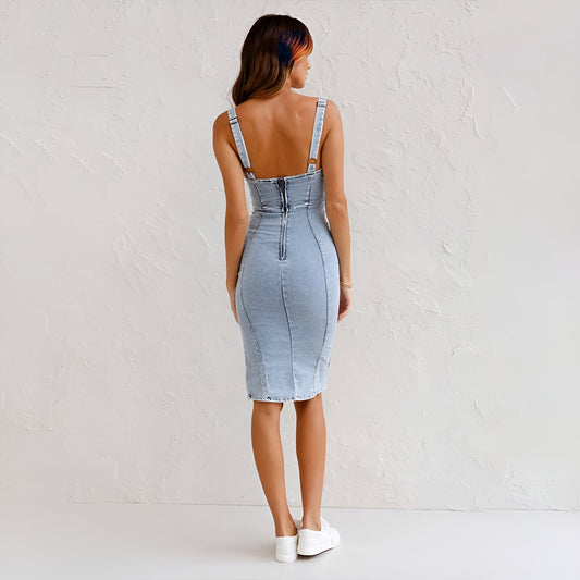 Women's Structured Denim Sleeveless Midi Dress Front