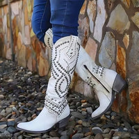Women's Studded Knee-High Western Boots | Geometric Stacked Heel Back