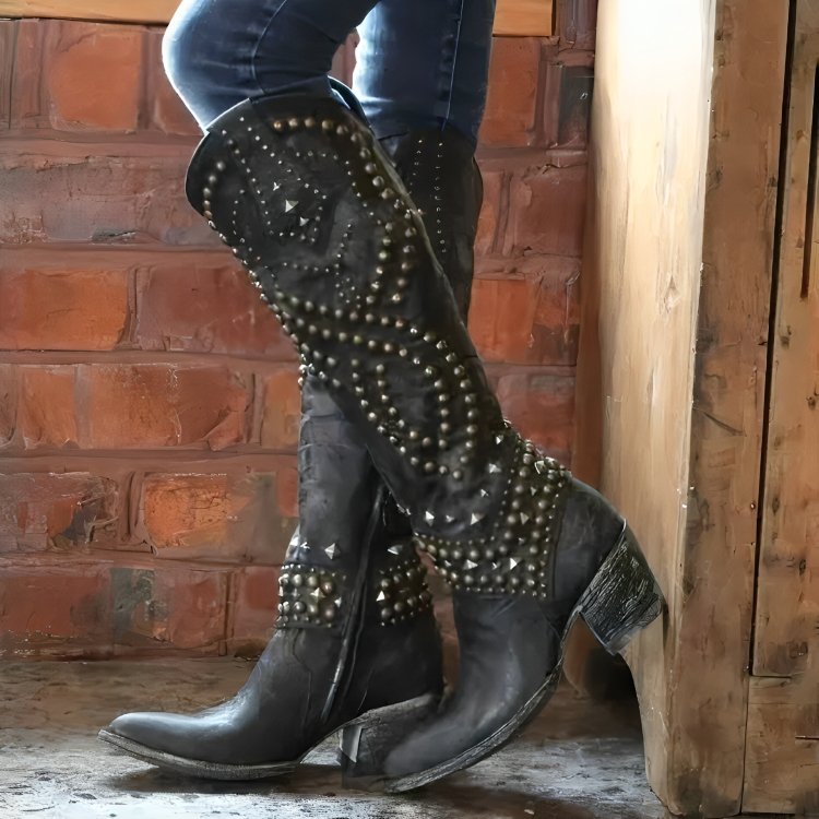 Women's Studded Knee-High Western Boots | Geometric Stacked Heel Detail