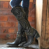 Women's Studded Knee-High Western Boots | Geometric Stacked Heel Detail