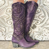 Women's Studded Knee-High Western Boots | Geometric Stacked Heel