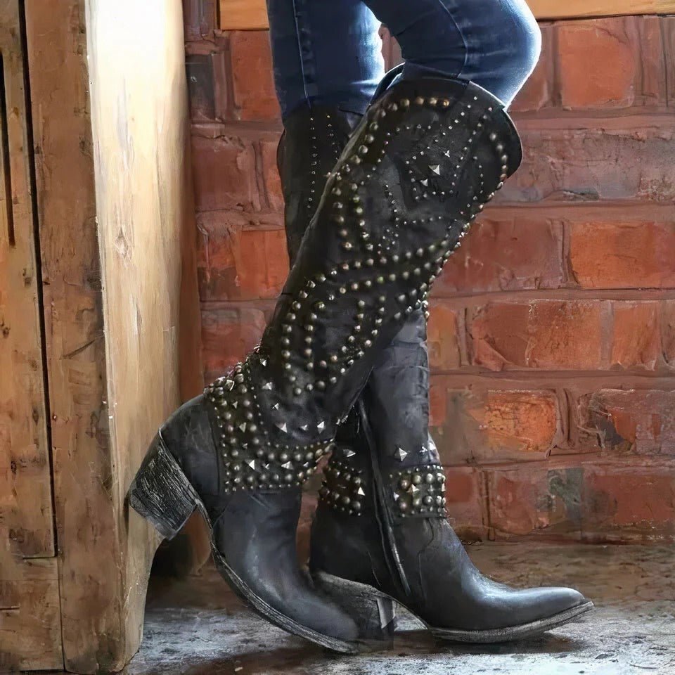 Women's Studded Western Knee-High Boots Front