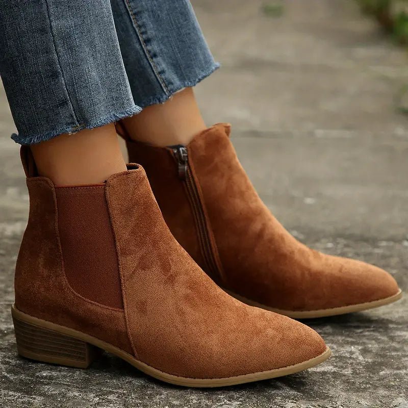 Women's Suede Chelsea Boots | Pointed Toe Block Heel Front