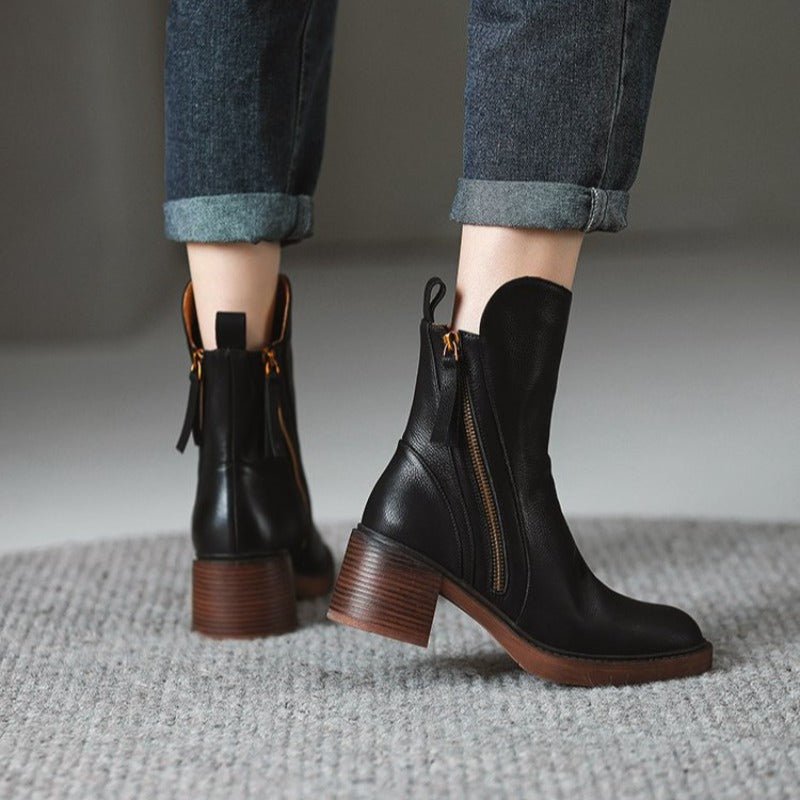 Women's Tassel Zip Leather Ankle Boots | High Heel Angle
