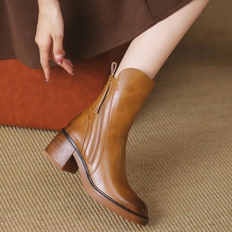 Women's Tassel Zip Leather Ankle Boots | High Heel Back