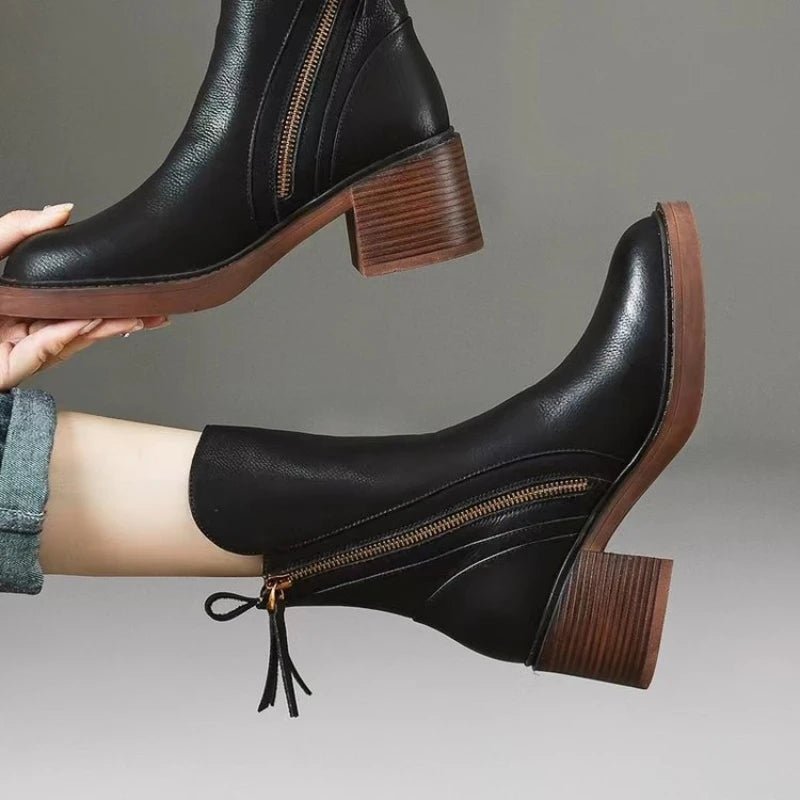 Women's Tassel Zip Leather Ankle Boots | High Heel Full