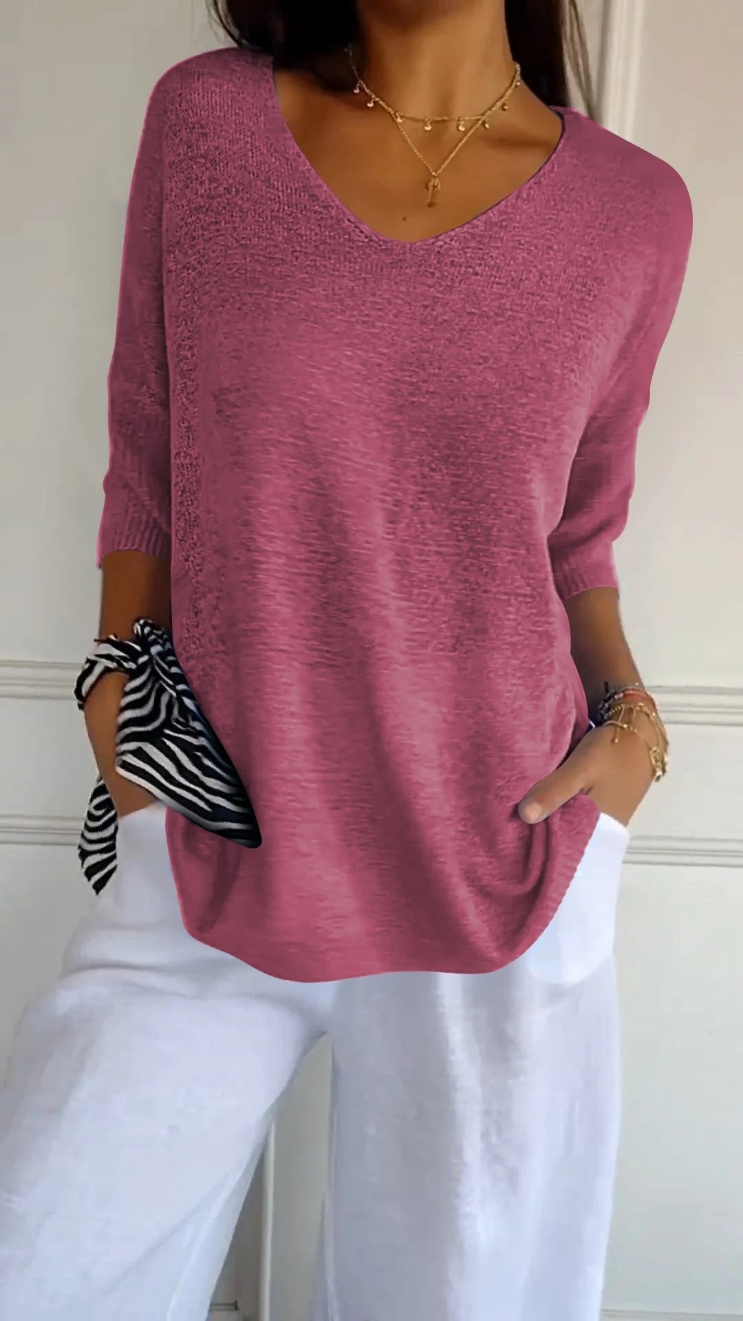 Women's Timeless V-Neck Top | Batwing Sleeve Curved Hem Detail