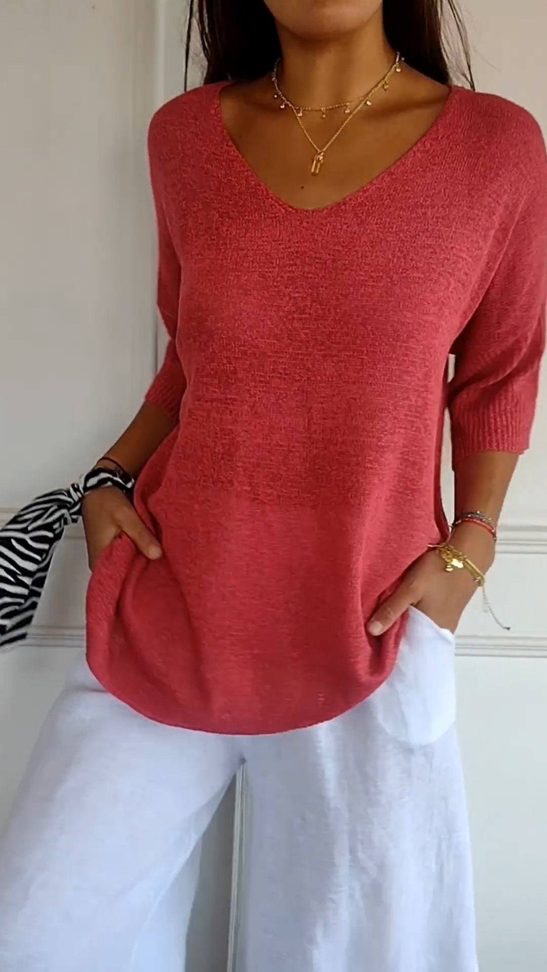 Women's Timeless V-Neck Top | Batwing Sleeve Curved Hem Front