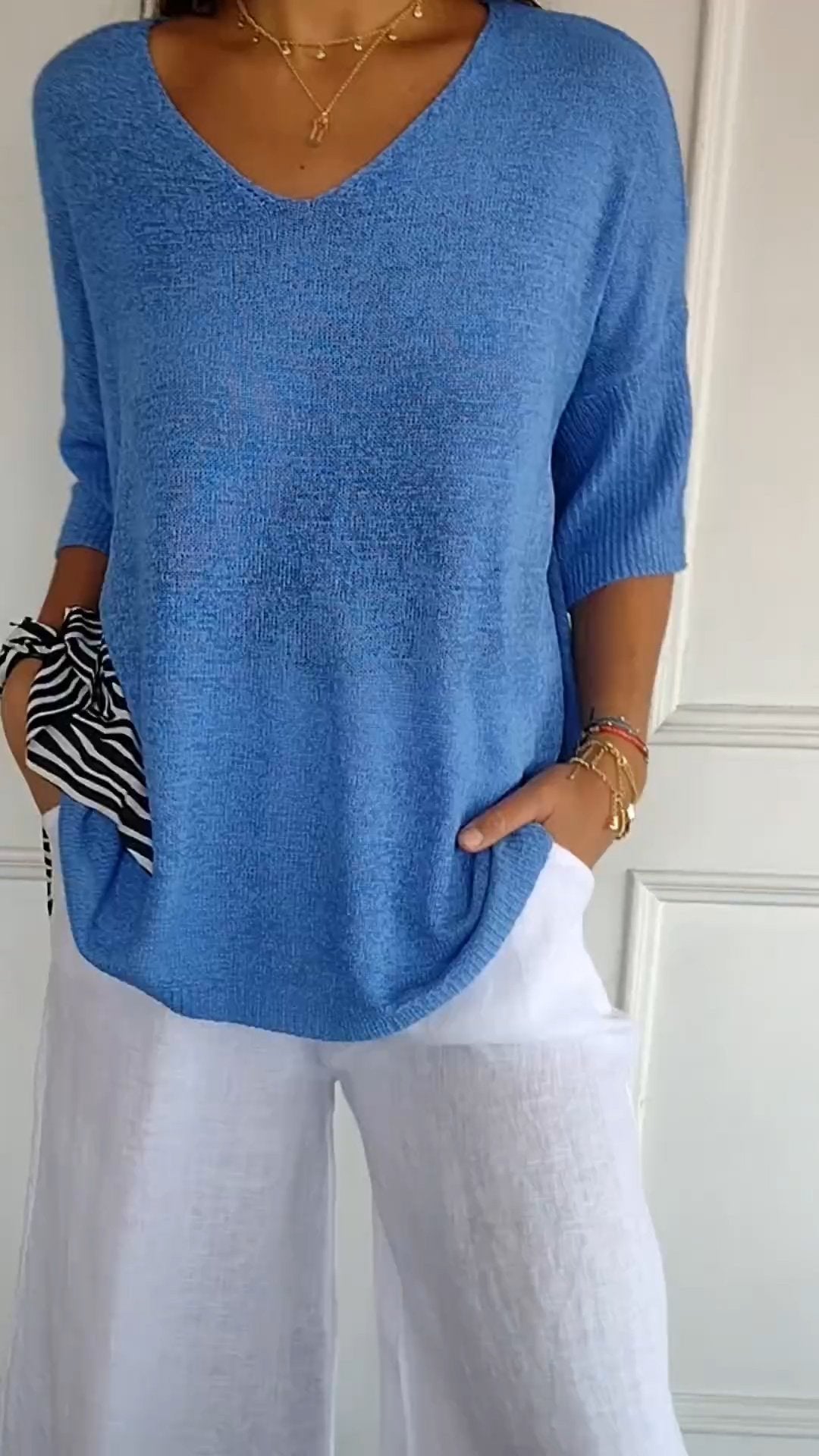 Women's Timeless V-Neck Top | Batwing Sleeve Curved Hem Side