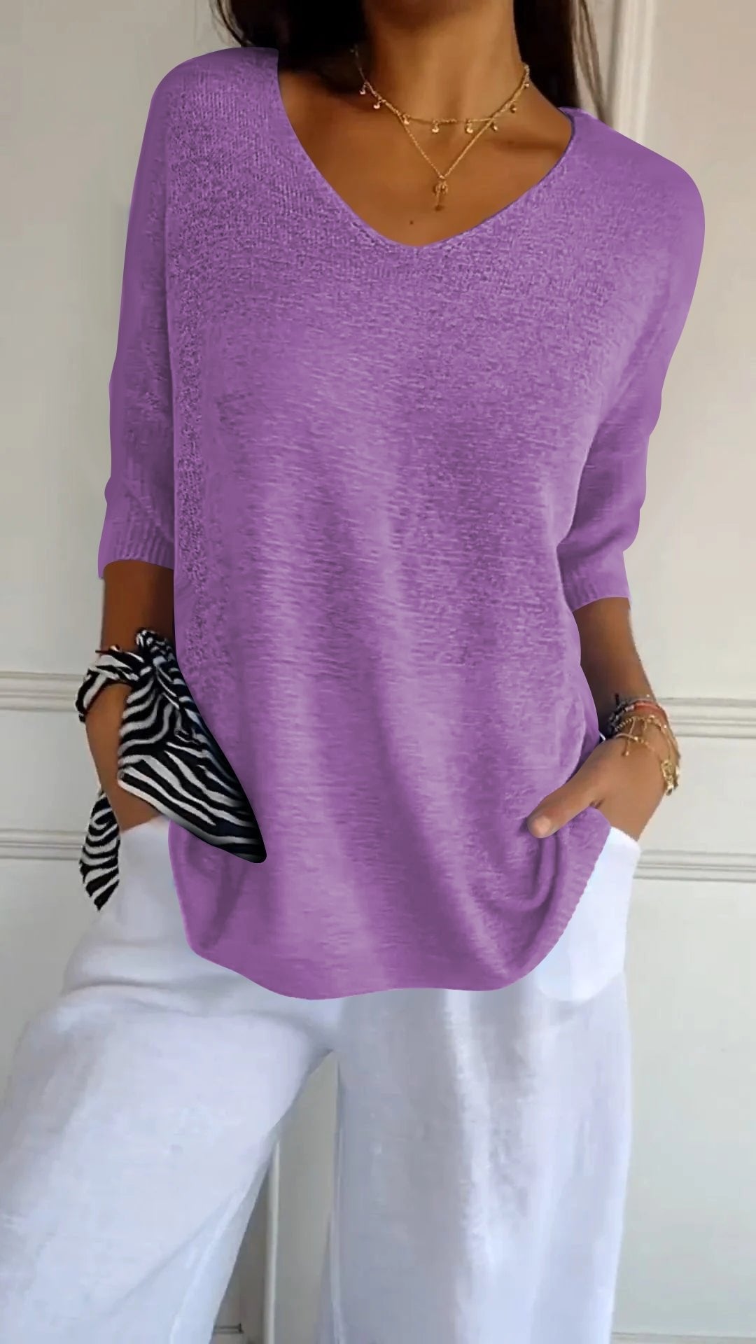 Women's Timeless V-Neck Top | Batwing Sleeve Curved Hem View 11