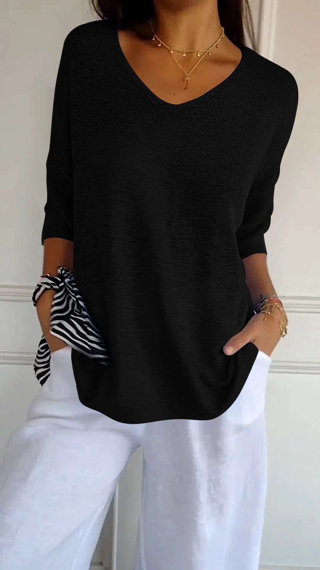 Women's Timeless V-Neck Top | Batwing Sleeve Curved Hem View 12