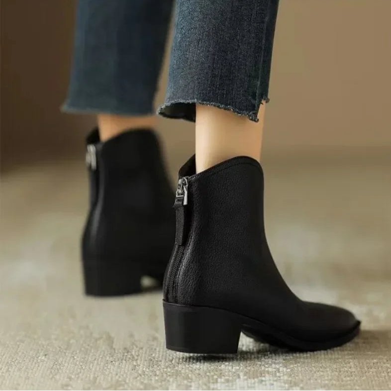 Women's V-Cut Leather Boots | Pointed Toe Ankle Back
