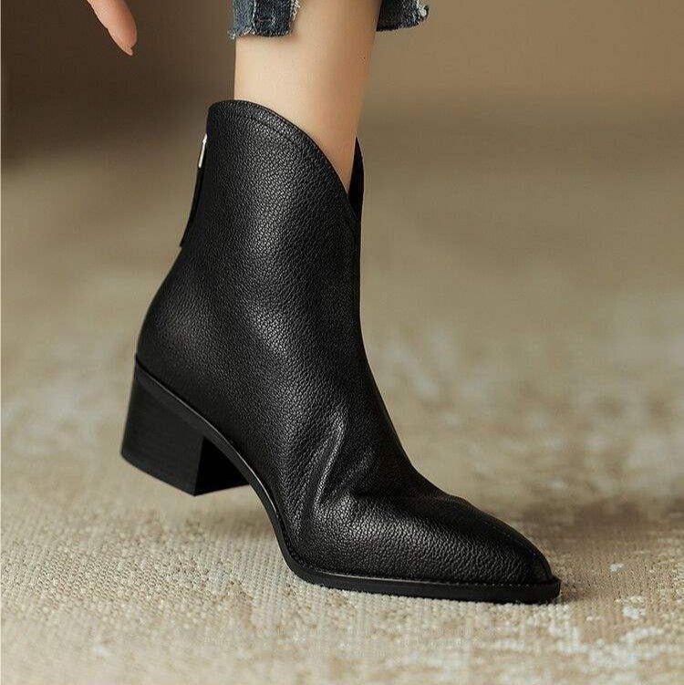 Women's V-Cut Leather Boots | Pointed Toe Ankle Close Up