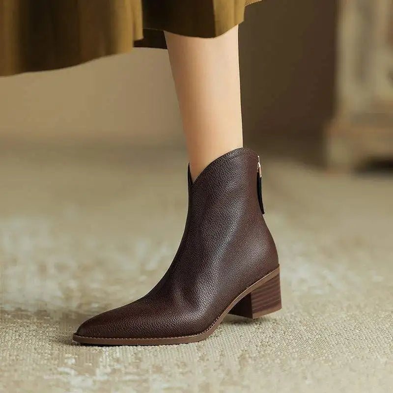 Women's V-Cut Leather Boots | Pointed Toe Ankle Detail