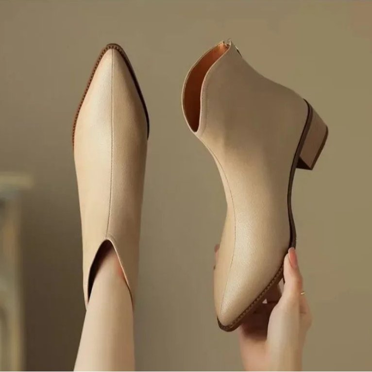 Women's V-Cut Leather Boots | Pointed Toe Ankle Full