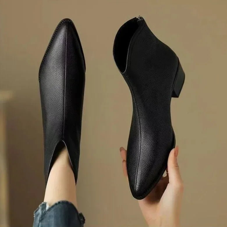 Women's V-Cut Leather Boots | Pointed Toe Ankle Lifestyle