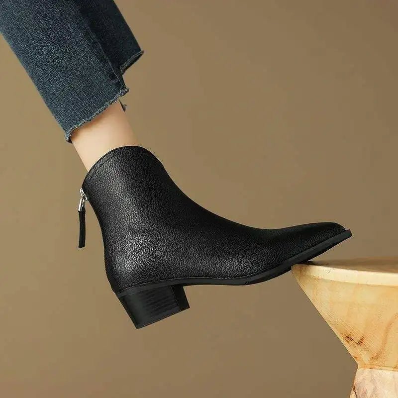 Women's V-Cut Leather Boots | Pointed Toe Ankle Side