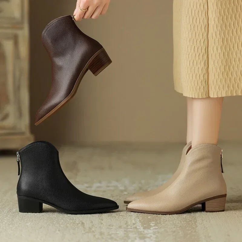 Women's V-Cut Leather Boots | Pointed Toe Ankle View 13