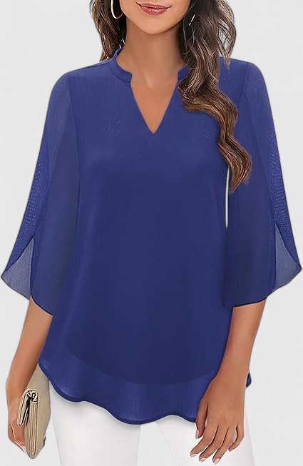 Women's V-Neck Bell Sleeve Tunic Blouse | Relaxed Everyday Top Detail
