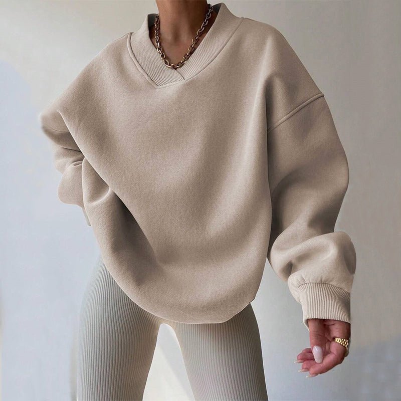 Women's V-Neck Oversized Pullover | Cotton Blend Ribbed Cuff Detail