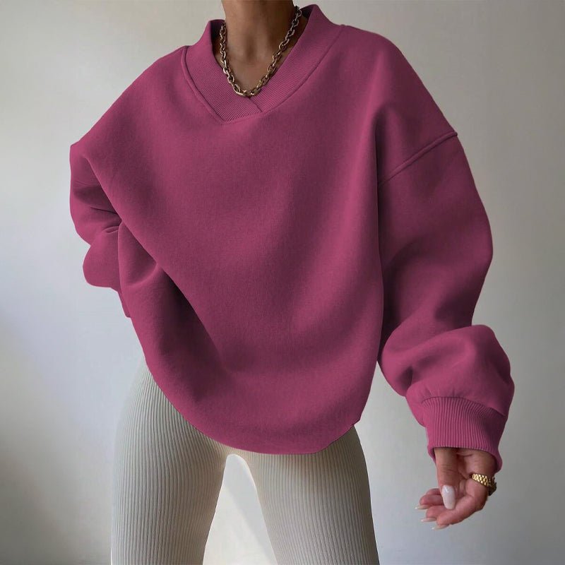 Women's V-Neck Oversized Pullover | Cotton Blend Ribbed Cuff Front