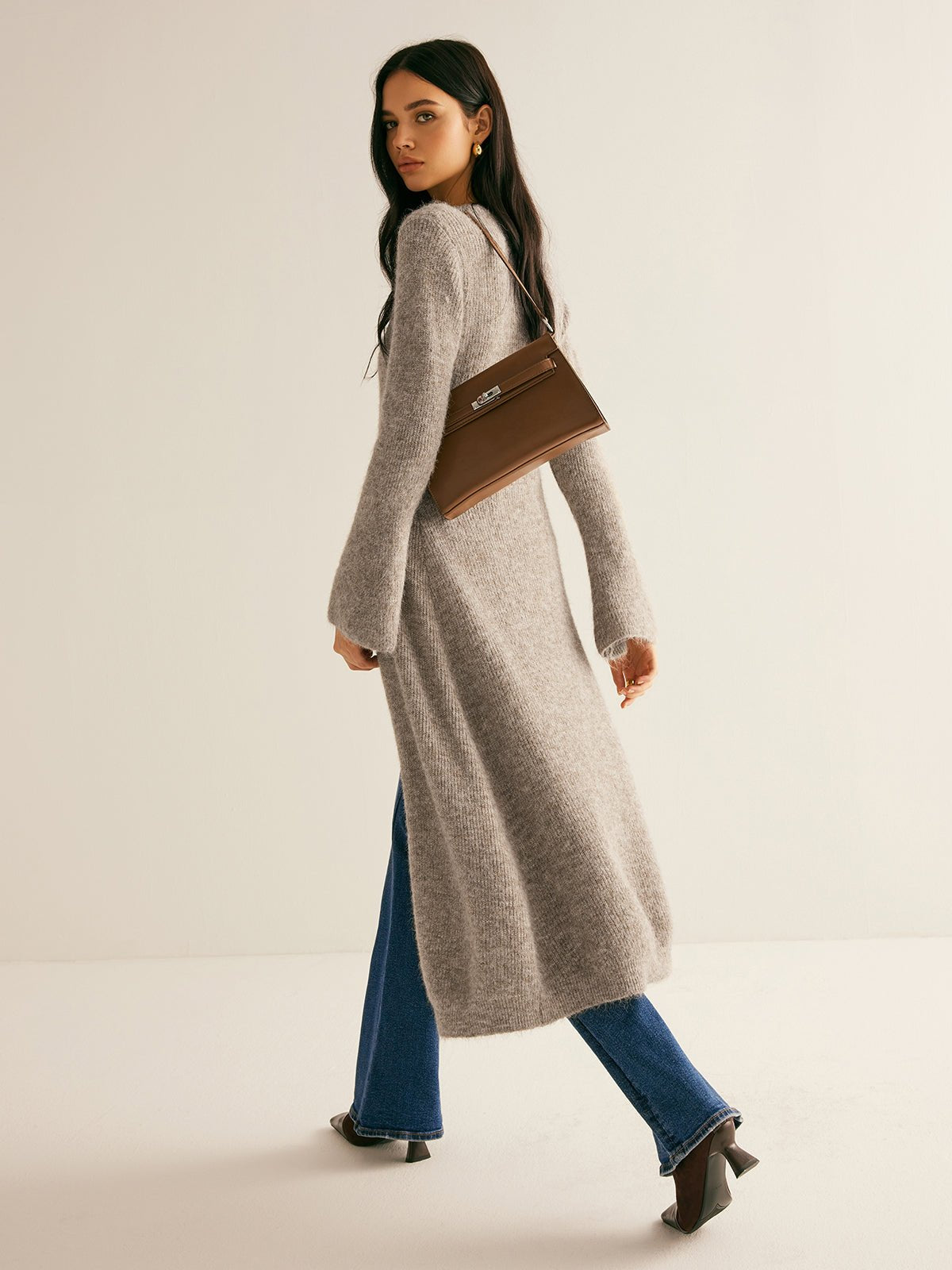 Women's V-Neck Sweater Dress | Button Front Front