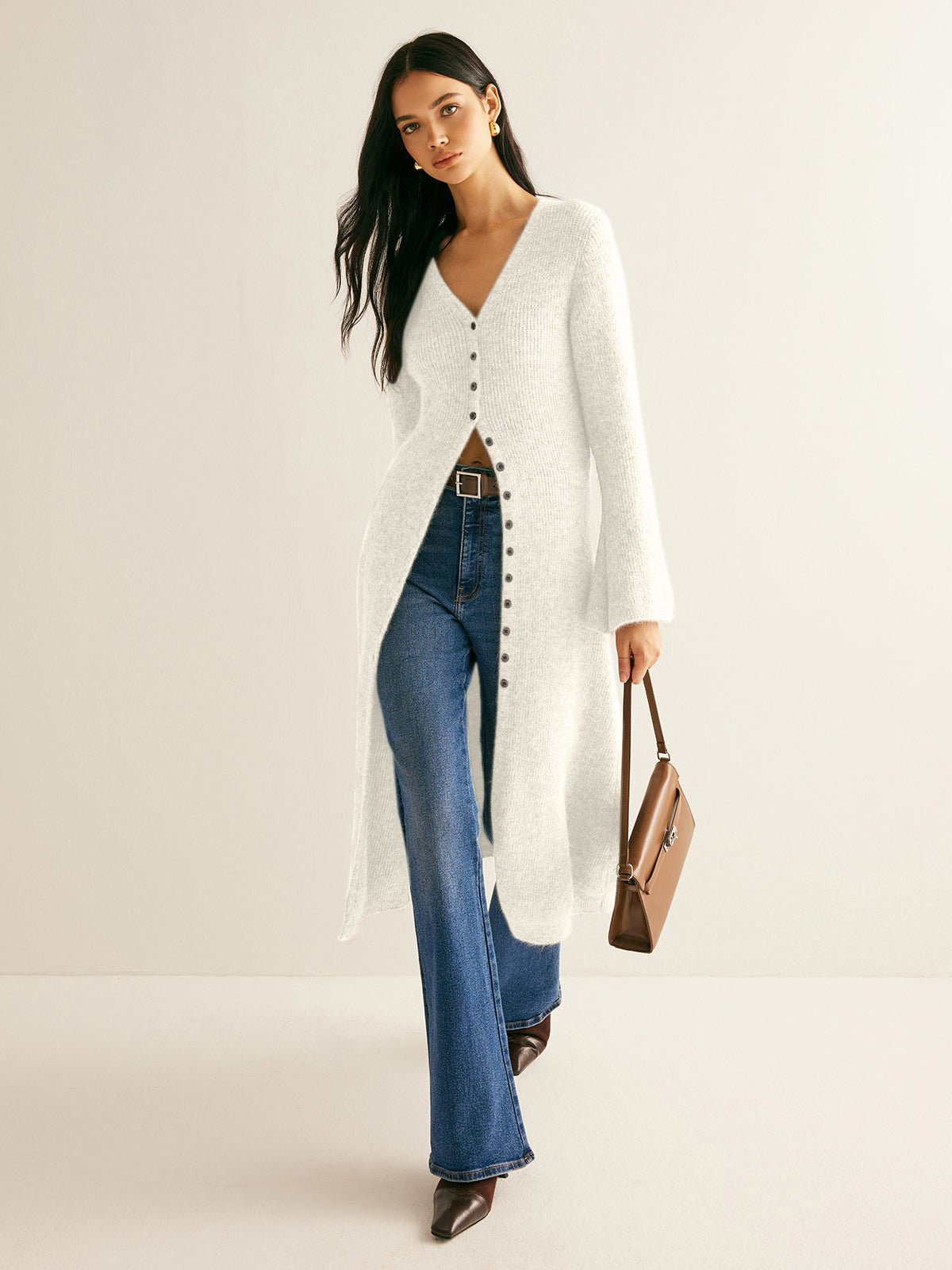 Women's V-Neck Sweater Dress | Button Front Full
