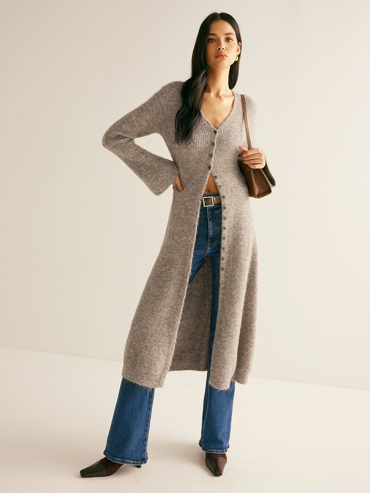 Women's V-Neck Sweater Dress | Button Front Side