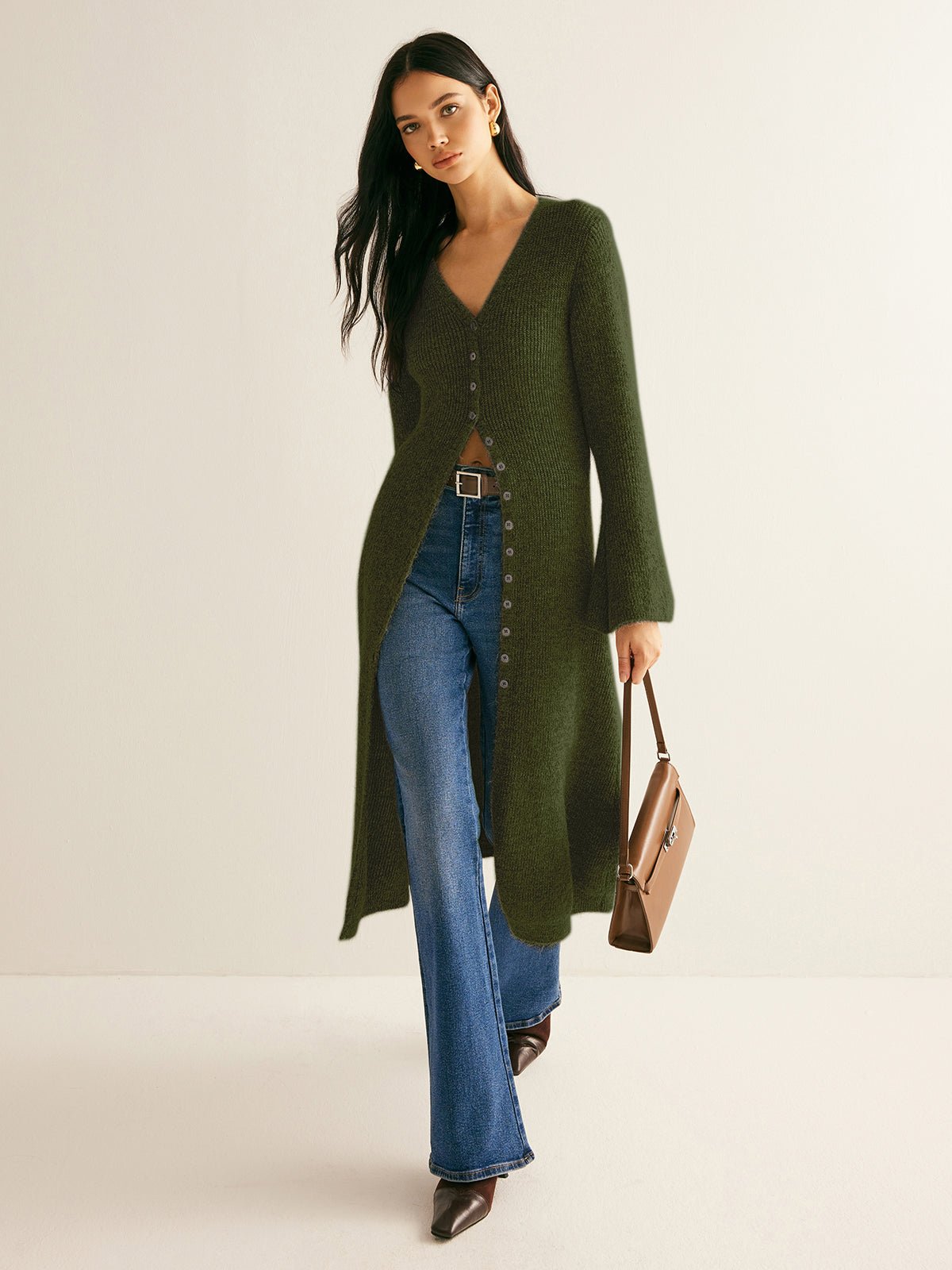 Women's V-Neck Sweater Dress | Button Front View 11