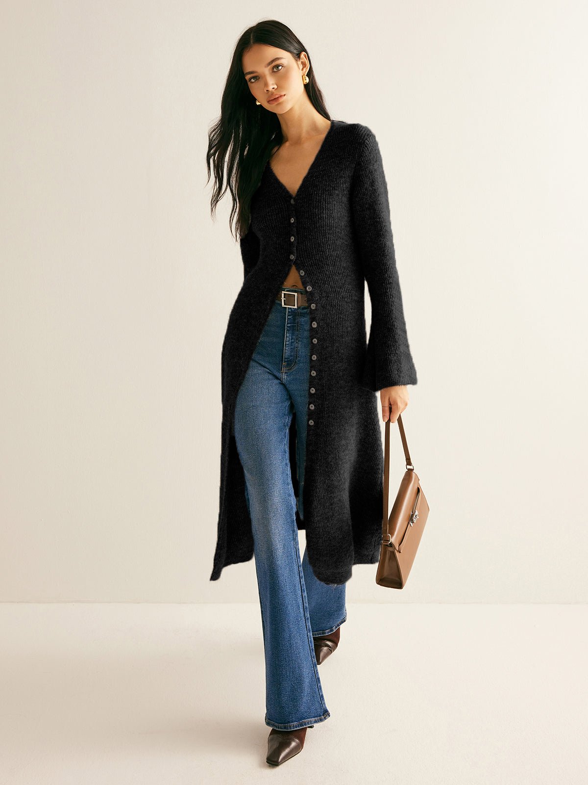 Women's V-Neck Sweater Dress | Button Front View 12