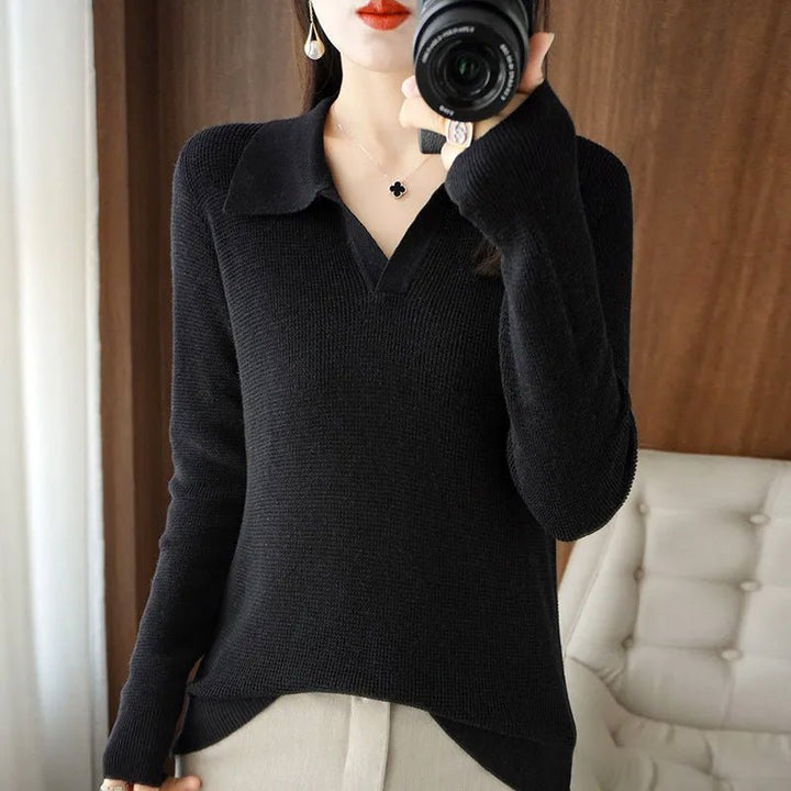 Women's V-Neck Wool Knit Pullover | Long Sleeve Sweater Front