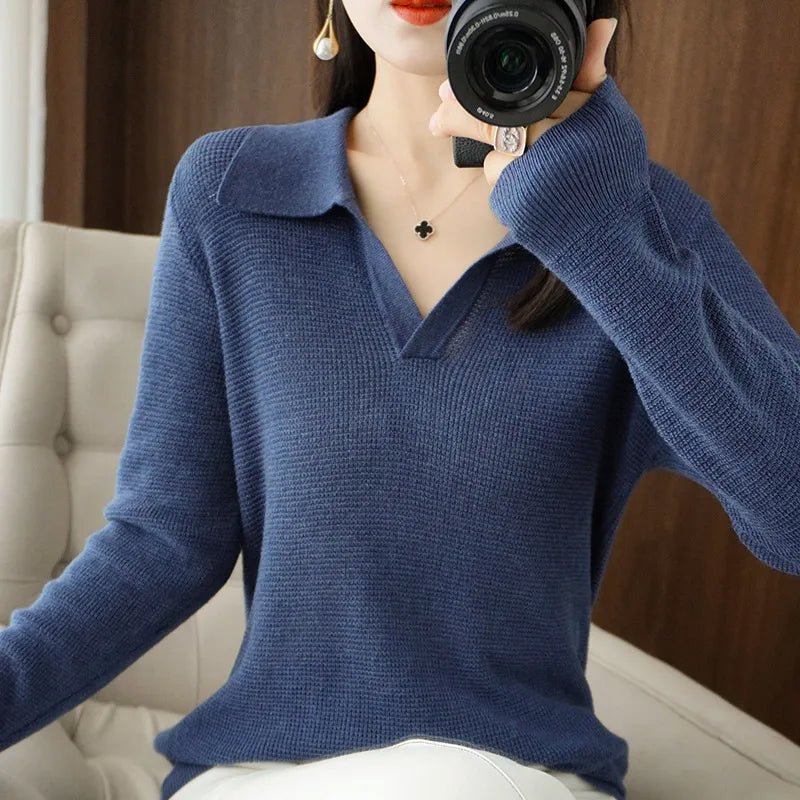 Women's V-Neck Wool Knit Pullover | Long Sleeve Sweater Hero