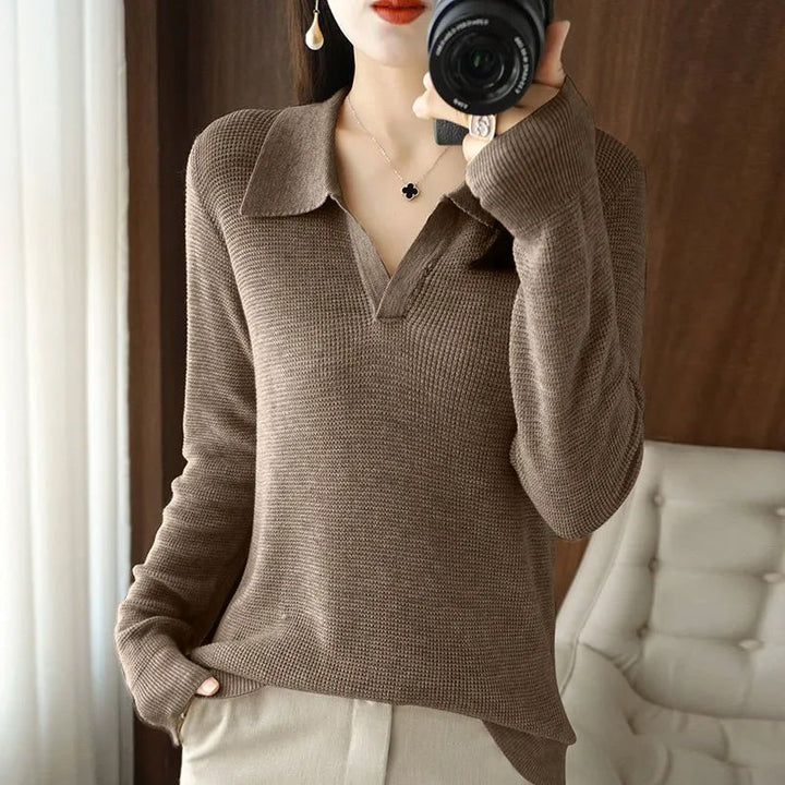 Women's V-Neck Wool Knit Pullover | Long Sleeve Sweater Side