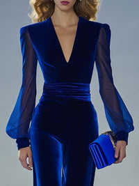 Women's Velvet Maxi Jumpsuit | V-Neck Long Sleeve Evening Back