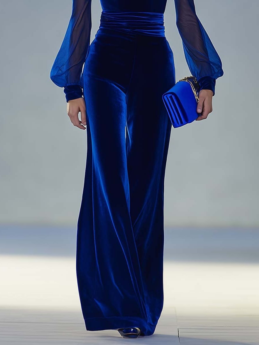 Women's Velvet Maxi Jumpsuit | V-Neck Long Sleeve Evening Close Up