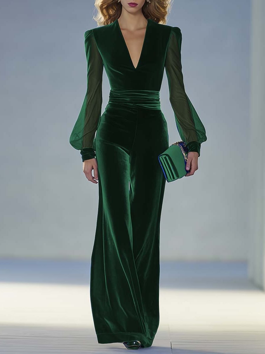 Women's Velvet Maxi Jumpsuit | V-Neck Long Sleeve Evening Lifestyle
