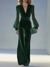 Women's Velvet Maxi Jumpsuit | V-Neck Long Sleeve Evening Lifestyle