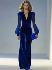 Women's Velvet Maxi Jumpsuit | V-Neck Long Sleeve Evening Side