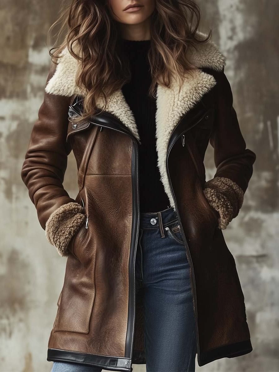 Women's Vintage Leather Coat | Faux Fur Collar Long Jacket Back