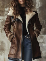 Women's Vintage Leather Coat | Faux Fur Collar Long Jacket
