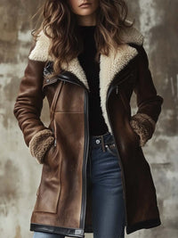 Women's Vintage Leather Coat | Faux Fur Collar Long Jacket Back