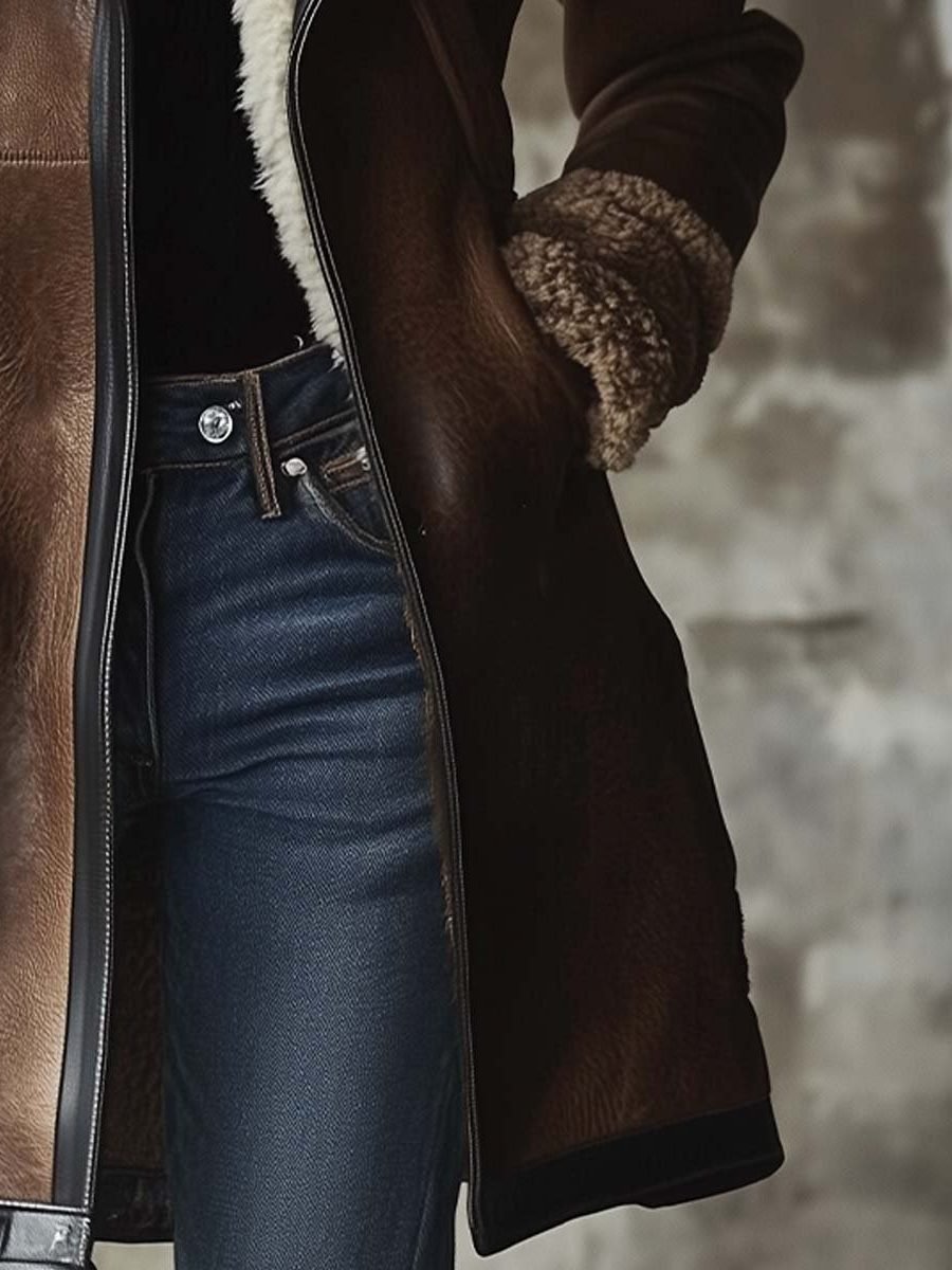 Women's Vintage Leather Coat | Faux Fur Collar Long Jacket Front