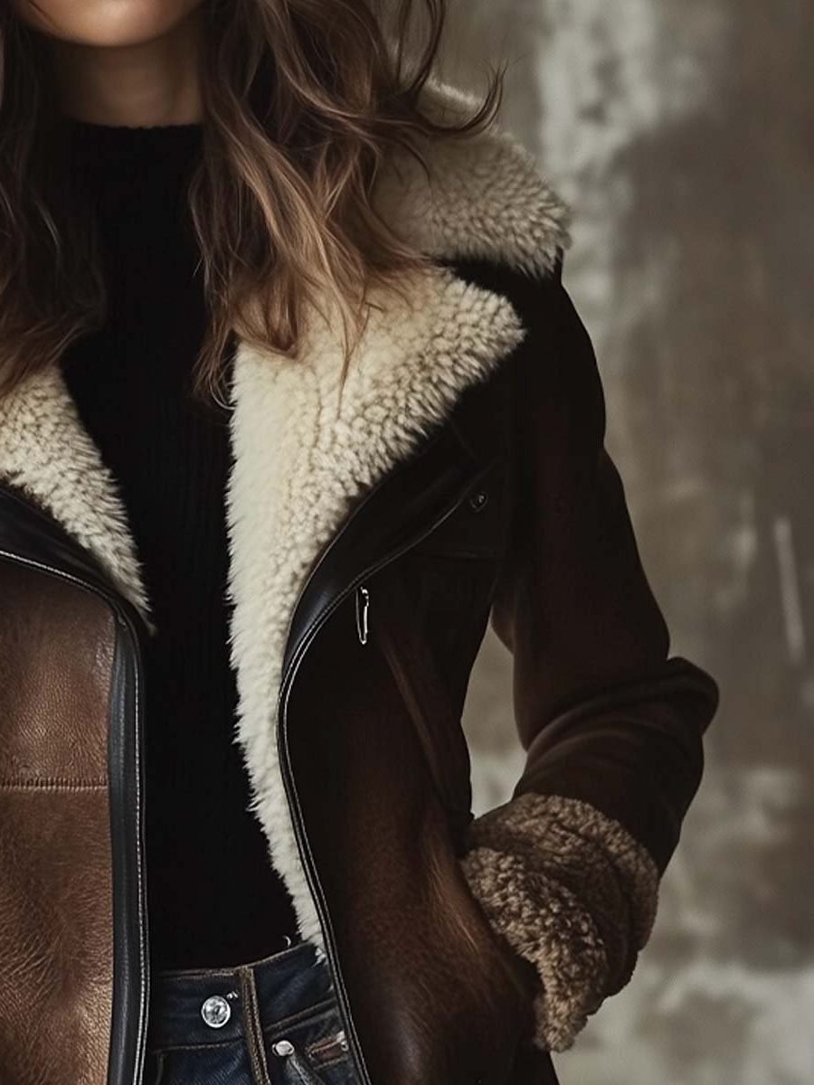 Women's Vintage Leather Coat | Faux Fur Collar Long Jacket Side