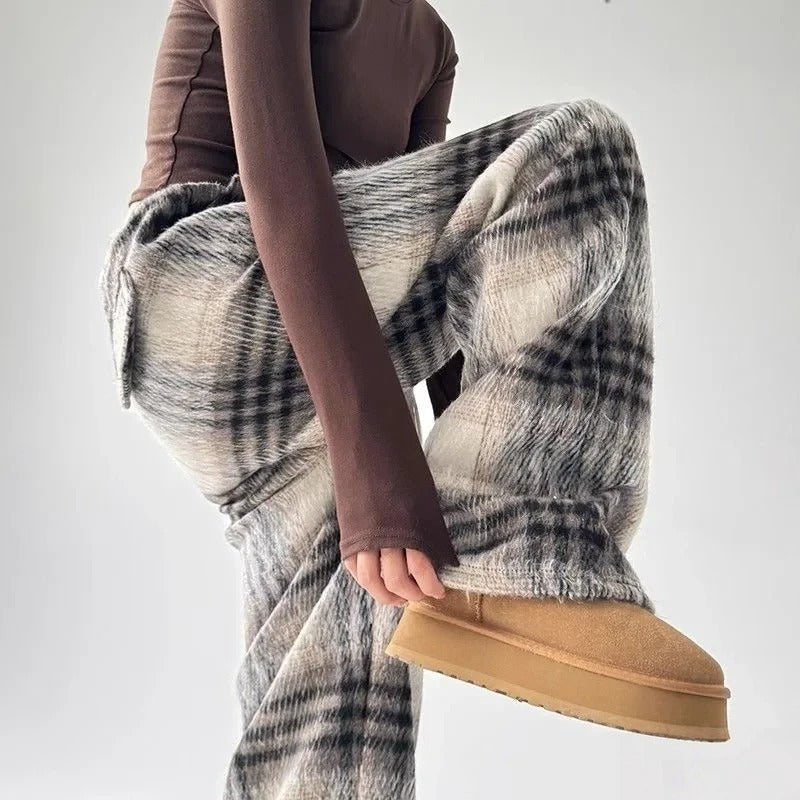 Women's Wide Leg Plaid Pants | Cotton Drawstring Relaxed Fit Detail