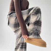 Women's Wide Leg Plaid Pants | Cotton Drawstring Relaxed Fit Detail